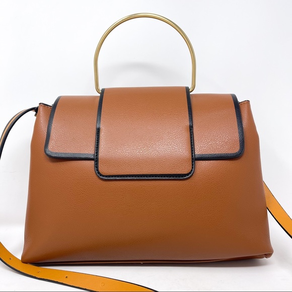 ZARA Cognac City Bag With Gold Metal Handle Crossbody Flap Over Medium Purse - Picture 5 of 10